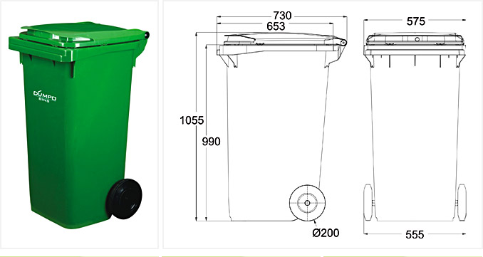 240 ltr Plastic Waste Bin with Wheels & Flat Lid